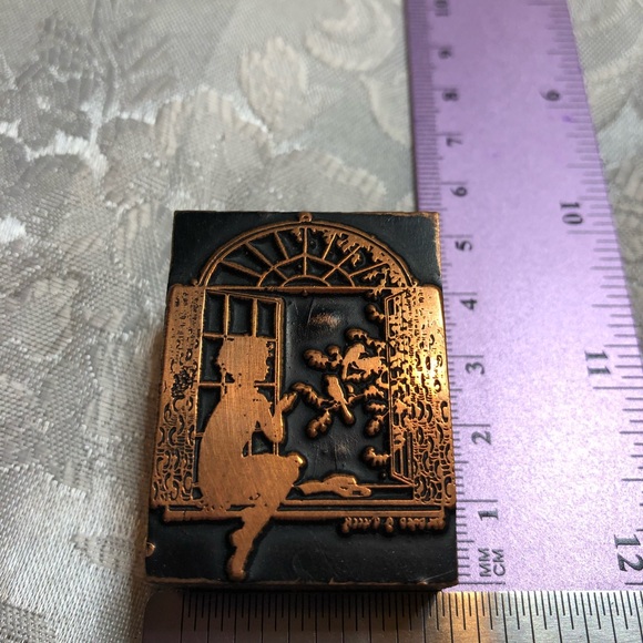 Antique Wooden Print Block Copper Child Window Bird - Picture 3 of 6